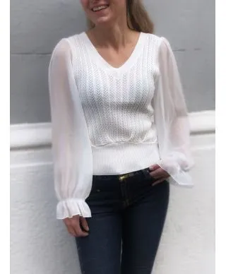 Maglioncino donna, bianco con maniche trasparenti