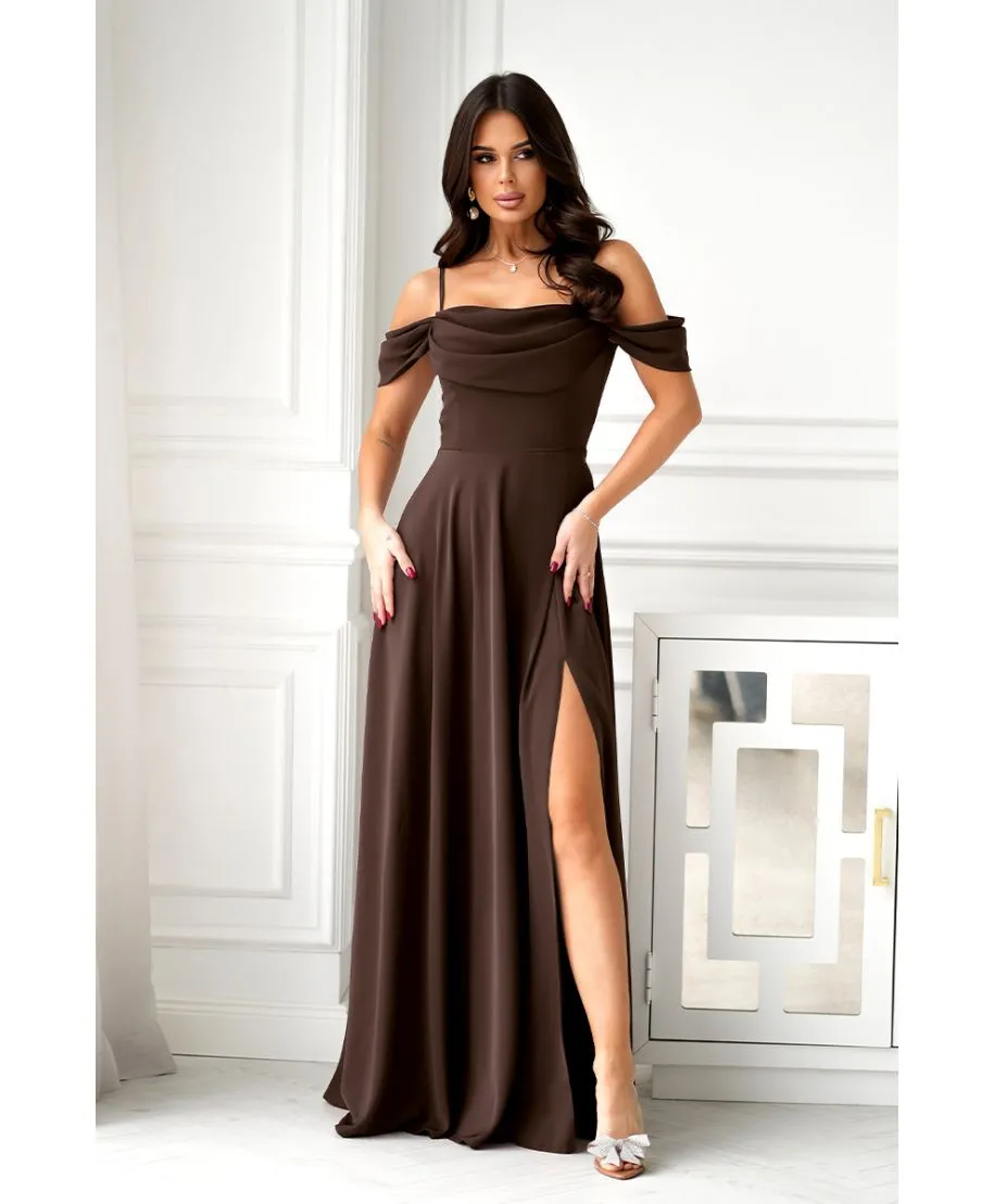 320-61 Sukienka Maxi Z Opadającymi Ramiączkami I Rozcięciem