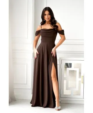 320-61 Sukienka Maxi Z Opadającymi Ramiączkami I Rozcięciem