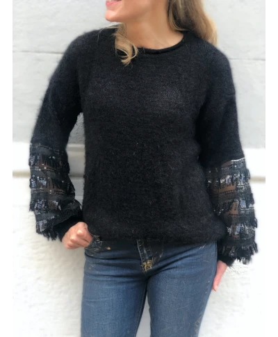Maglioncino donna, nero con maniche con paillettes