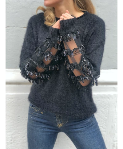 Maglioncino donna, nero con maniche con paillettes
