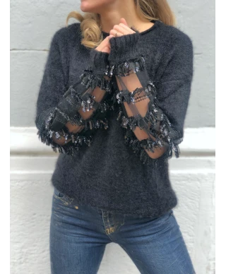 Maglioncino donna, nero con maniche con paillettes