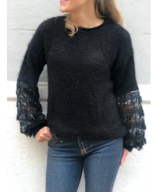 Maglioncino donna, nero con maniche con paillettes