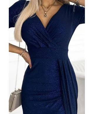  404-2 Błyszcząca długa sukienka z dekoltem i rozcięciem na nodze - GRANATOWA z brokatem 