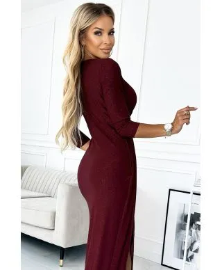  404-5 Błyszcząca długa sukienka z dekoltem i rozcięciem na nodze - BORDOWA z brokatem 