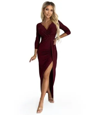  404-5 Błyszcząca długa sukienka z dekoltem i rozcięciem na nodze - BORDOWA z brokatem 