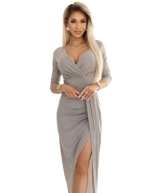  404-11 Błyszcząca długa sukienka z dekoltem i rozcięciem na nodze - SZARY BEŻ z brokatem 