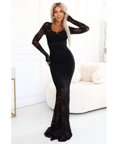  620-1 Wieczorowa koronkowa suknia maxi typu rybka z długim rękawem - czarna 