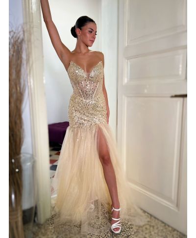 Abito oro a sirena con spacco - Athena - Vestiti da cerimonia e diciottesimo compleanno - Gogolfun.it