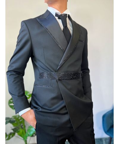 Smoking uomo nero elegante con strass e catena - gogolfun.it