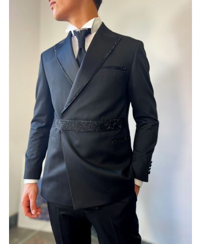 Smoking uomo nero elegante con strass e catena - gogolfun.it