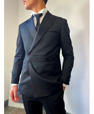 Smoking uomo nero elegante con strass e catena - gogolfun.it