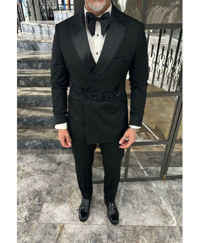 Smoking uomo nero elegante con strass e catena - gogolfun.it