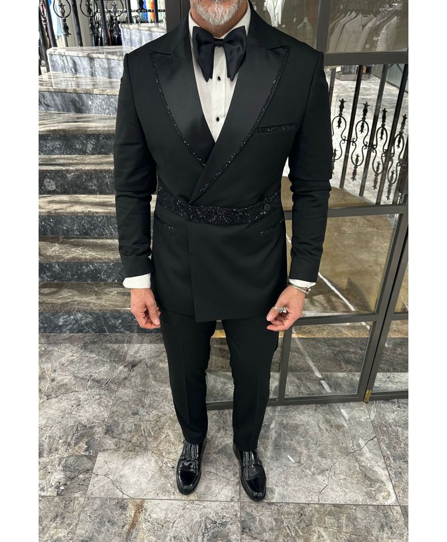 Smoking uomo nero elegante con strass e catena - gogolfun.it