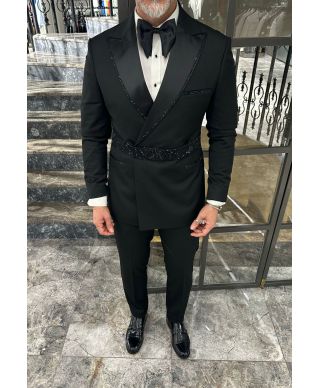 Smoking uomo nero elegante con strass e catena - gogolfun.it