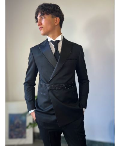 Smoking uomo nero elegante con strass e catena - gogolfun.it