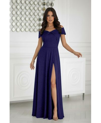 336-01 Długa Suknia Wieczorowa Z Metalicznym Połyskiem