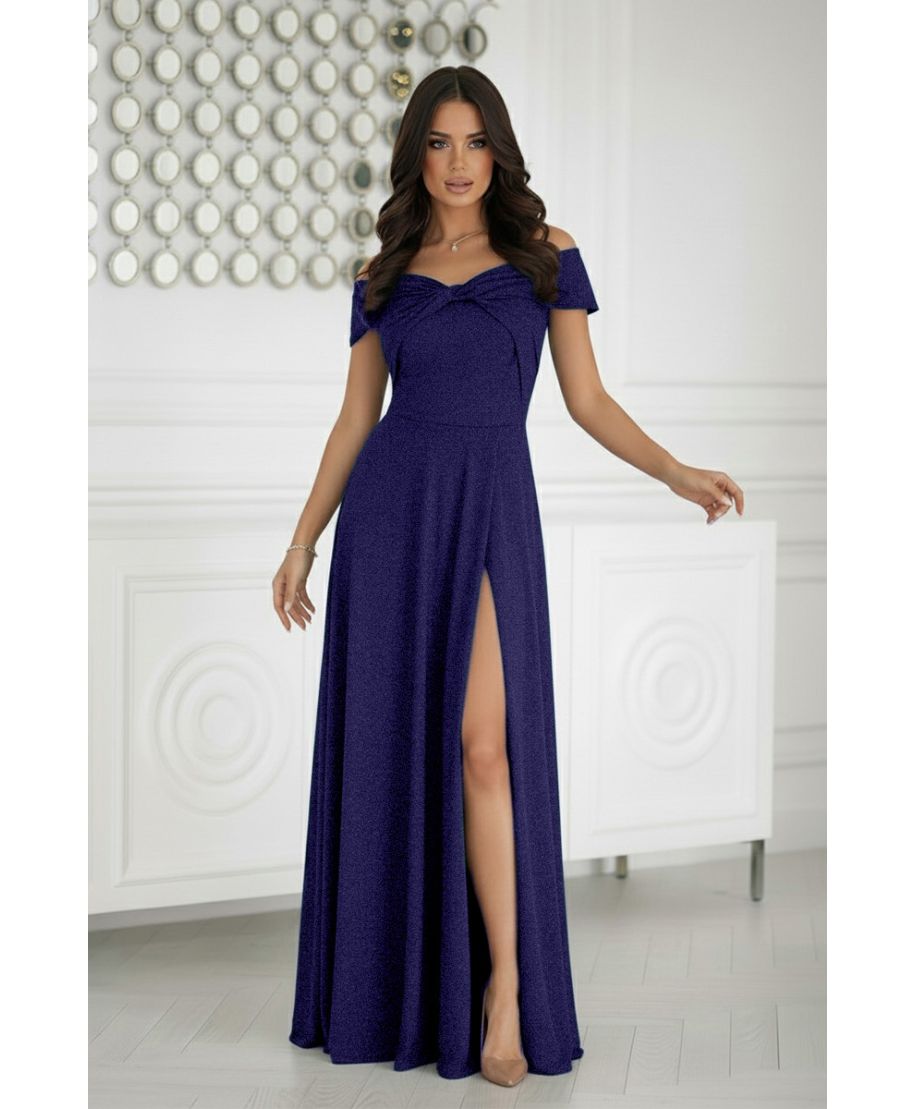 336-01 Długa Suknia Wieczorowa Z Metalicznym Połyskiem