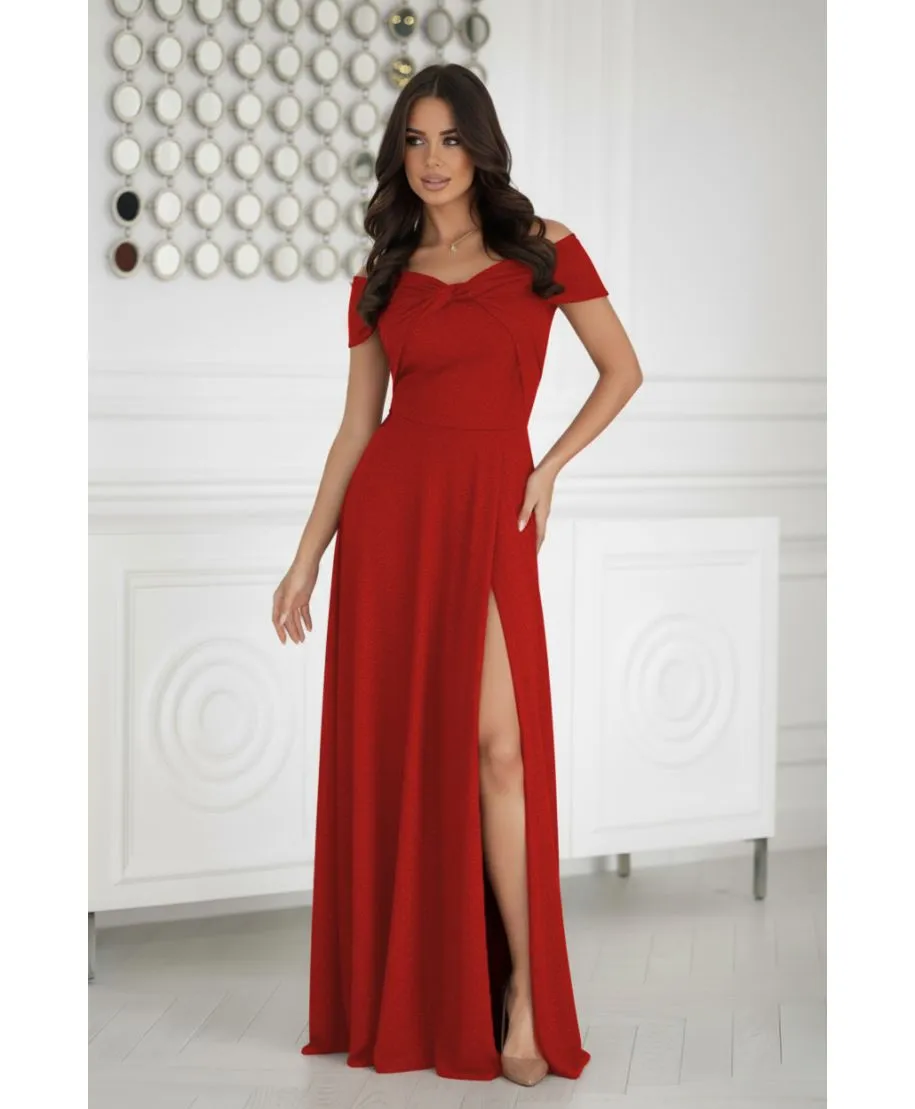 336-02 Długa Suknia Wieczorowa Z Metalicznym Połyskiem