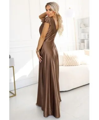  411-14 CRYSTAL satynowa długa suknia z dekoltem - mocha mousse 