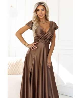  411-14 CRYSTAL satynowa długa suknia z dekoltem - mocha mousse 