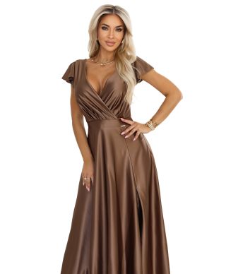  411-14 CRYSTAL satynowa długa suknia z dekoltem - mocha mousse 