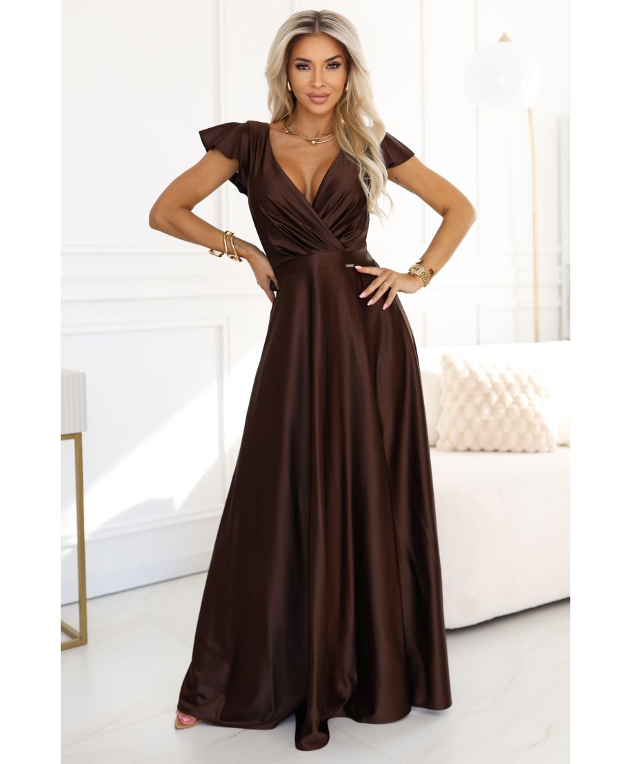  411-15 CRYSTAL satynowa długa suknia z dekoltem - czekoladowa 