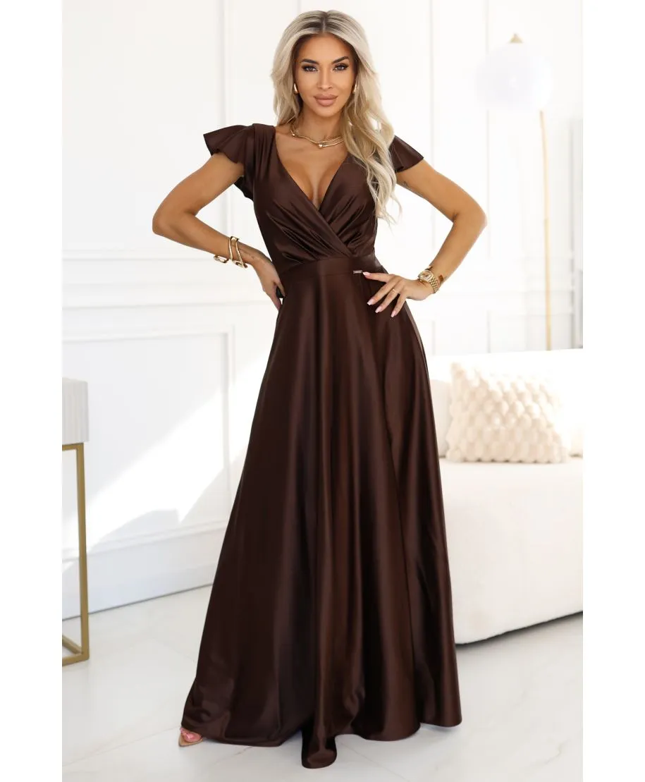  411-15 CRYSTAL satynowa długa suknia z dekoltem - czekoladowa 