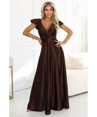  411-15 CRYSTAL satynowa długa suknia z dekoltem - czekoladowa 
