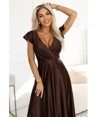  411-15 CRYSTAL satynowa długa suknia z dekoltem - czekoladowa 