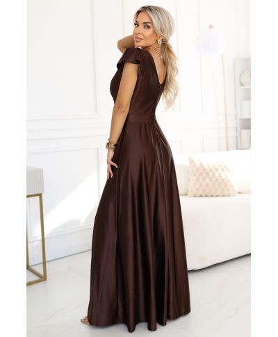  411-15 CRYSTAL satynowa długa suknia z dekoltem - czekoladowa 