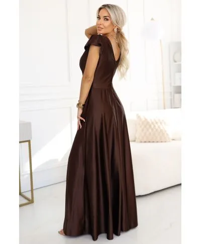  411-15 CRYSTAL satynowa długa suknia z dekoltem - czekoladowa 