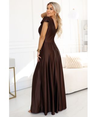  411-15 CRYSTAL satynowa długa suknia z dekoltem - czekoladowa 