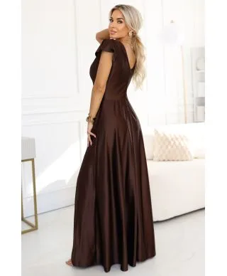  411-15 CRYSTAL satynowa długa suknia z dekoltem - czekoladowa 
