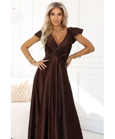  411-15 CRYSTAL satynowa długa suknia z dekoltem - czekoladowa 