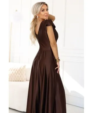  411-15 CRYSTAL satynowa długa suknia z dekoltem - czekoladowa 