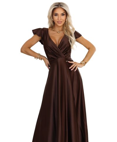  411-15 CRYSTAL satynowa długa suknia z dekoltem - czekoladowa 
