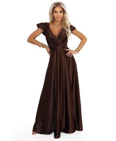  411-15 CRYSTAL satynowa długa suknia z dekoltem - czekoladowa 