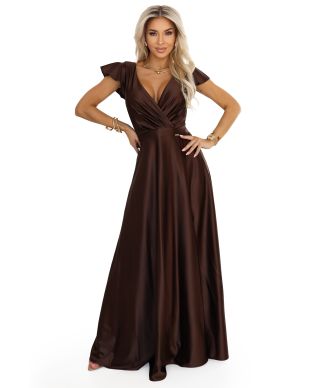  411-15 CRYSTAL satynowa długa suknia z dekoltem - czekoladowa 