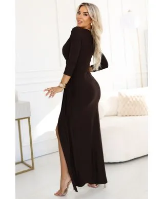  404-14 Elegancka długa sukienka z kopertowym dekoltem i rozcięciem - czekoladowy brąz 