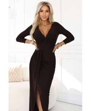  404-14 Elegancka długa sukienka z kopertowym dekoltem i rozcięciem - czekoladowy brąz 