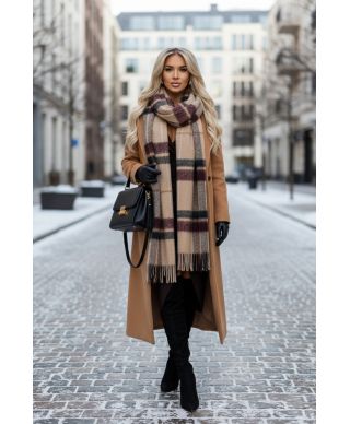  404-14 Elegancka długa sukienka z kopertowym dekoltem i rozcięciem - czekoladowy brąz 