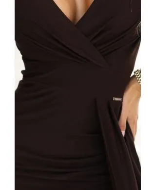  404-14 Elegancka długa sukienka z kopertowym dekoltem i rozcięciem - czekoladowy brąz 