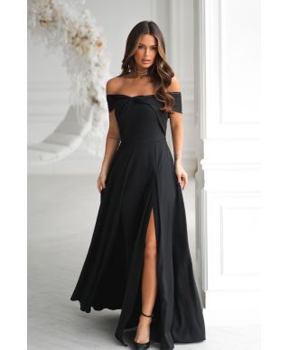 Abito lungo elegante -Tessuto nero luminoso - Spacco - Manichette cadenti sulle braccia