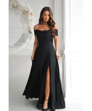 Abito lungo elegante -Tessuto nero luminoso - Spacco - Manichette cadenti sulle braccia