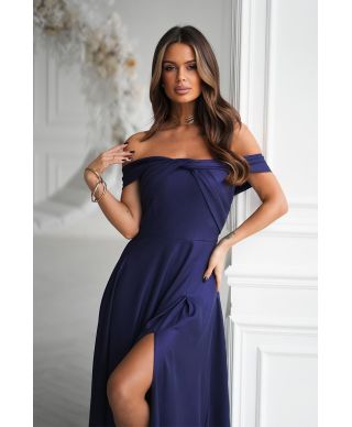 Abito lungo elegante blu notte con effetto metallico e scollo spagnolo