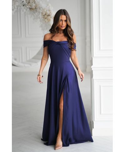 336-01 Długa Suknia Wieczorowa Z Metalicznym Połyskiem