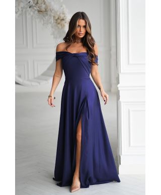 Abito lungo elegante blu notte con effetto metallico e scollo spagnolo