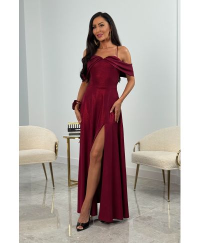 Sukienka maxi z hiszpańskim dekoltem SILLA / Bordo Błysk