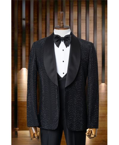 Smoking Uomo Nero con Strass – Rever Ampio - Modello Orlando